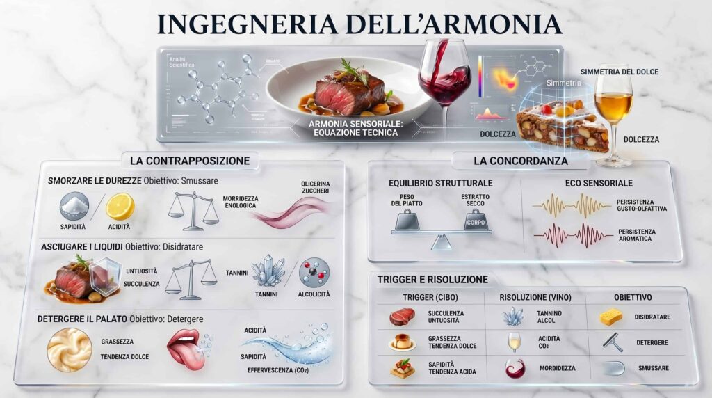Schema sulle regole di abbinamento cibo vino e analisi sensoriale, tratto dalla lezione dedicata del Corso per Cuoco Professionista di Chef Academy.